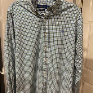Men’s polo button down in plaid blue and green